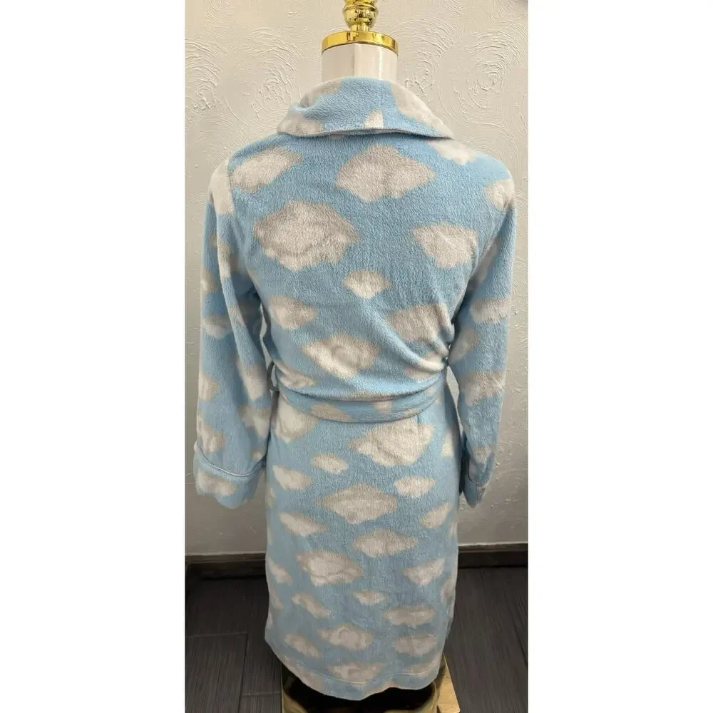 Nick & Nora Cloud Print Plush Robe Size XS Blue/White/Gray Lined